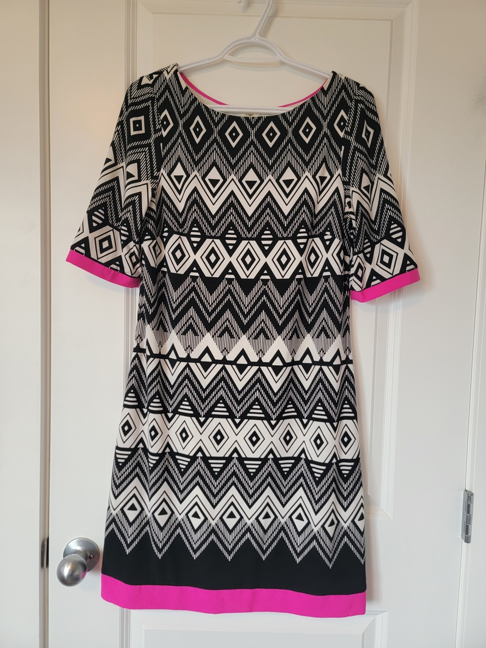 Eliza J Black and White Geometric Dress with Hot Pink Trim